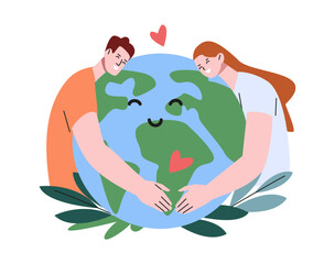 Safe planet poster. Smiling couple hugging earth, hold globe in hands. Eco friendly and support nature and environment, green kicky vector concept