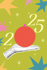 Halftone xmas design 2025. Collage with hand and ball, star. Halftone vector hand and doodle graphic