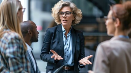 Diverse architects, designers, engineers collaborate intensely on project plans in a modern industrial workspace. AIG53M