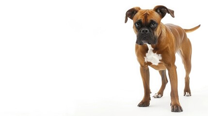 Obraz premium A brown boxer dog stands on a white background, looking alert and attentive. Perfect for pet and animal-themed projects.