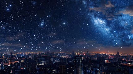 Obraz premium A starry night sky over a bustling cityscape, the urban lights contrasting with the vastness of the cosmos.