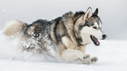 Fototapeta premium A husky dog energetically running through the snow, showcasing its powerful build and joyful spirit in a winter landscape.