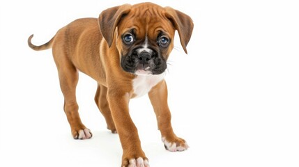 Obraz premium Adorable brown boxer puppy standing on a white background, looking directly at the camera with curious eyes.