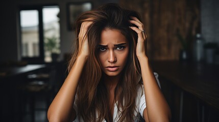 Obraz premium Portrait of an elegant adult woman with brown hair gracefully posing with hands behind her head