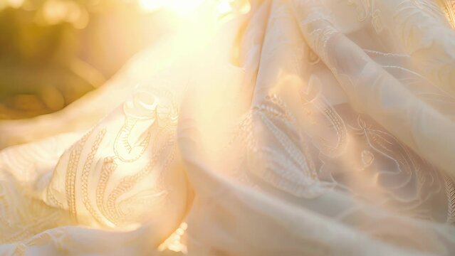 A closeup of a delicate white pashmina scarf its intricate paisley pattern visible as it dances on the breeze.