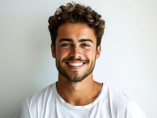 Obraz premium studio portrait of charismatic young man with perfect smile against crisp white background soft flattering lighting enhances his features and creates a polished look