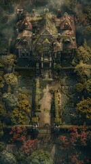 Fototapeta premium An aerial view of a grand, fairytale-like manor nestled amongst lush greenery. The path leading to the house is framed by vibrant foliage.
