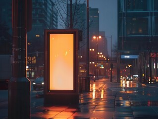 stylish vertical digital billboard illuminating a nocturnal cityscape sleek design contrasts with the warm glow of street lights creating an atmospheric urban scene