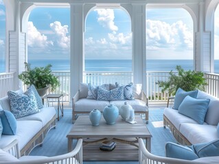 sundrenched coastal terrace with elegant blue and white furniture featuring weathered wood accents and panoramic ocean views