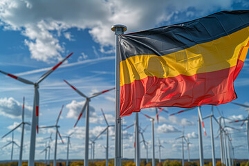 German Flag Waving Against a Field of Wind Turbines
