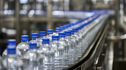Rows of clear water bottles with blue caps aligned on a production line in a bottling factory.