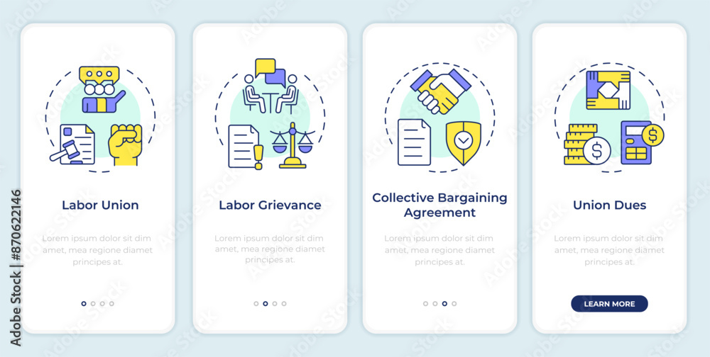 Wall mural key labor relations concepts onboarding mobile app screen. walkthrough 4 steps editable graphic inst