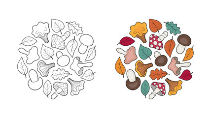 Autumn design of mushrooms and leaves, coloring page. © AnnaMiskas