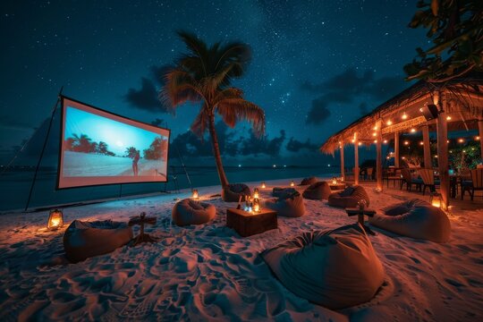 An inviting outdoor beach cinema featuring bean bags and a large screen under the stars. - Powered by Adobe
