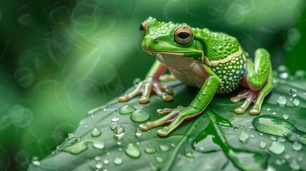 Obraz premium Green tree frog on a wet leaf with dewdrops, close-up and bokeh background. Nature and amphibian concept