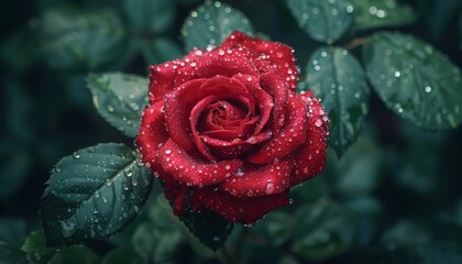 A close-up of a vibrant red rose in full bloom, with dewdrops glistening on its petals and lush green leaves