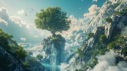 Obraz premium surreal landscape, such as trees, mountains, and waterfalls, to create a dreamlike atmosphere 