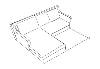 One continuous single line drawing of corner L-shape sofa furniture, vector illustration