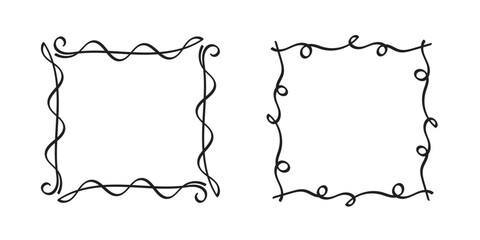 Square doodle frames,hand-drawn monograms.Edgings and cadres with simple sketchy design elements.Isolated. Vector illustration.