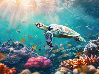 Obraz premium vibrant underwater scene colorful coral reef teeming with exotic fish sea turtle gliding by shimmering light rays vivid marine ecosystem