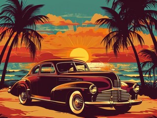 vintage postcardstyle illustration of a classic luxury car parked on a tropical beach at sunset palm trees warm colors retro typography