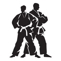 Simple and minimalistic karate fighter silhouette, black vector illustration on white background