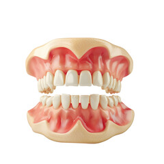 Obraz premium A close-up of a set of human dentures showing upper and lower artificial teeth, isolated on a white background.