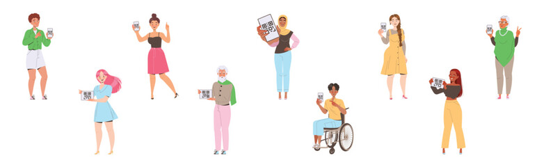 People Characters Showing QR Code on Their Gadget Vector Illustration Set