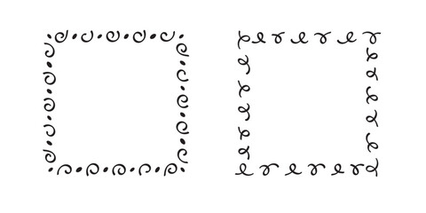 Square doodle frames,hand-drawn monograms.Edgings and cadres with simple sketchy design elements.Isolated. Vector illustration.