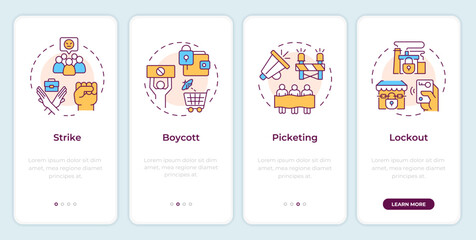 Union tactics onboarding mobile app screen. Employee protests. Walkthrough 4 steps editable graphic instructions with linear concepts. UI, UX, GUI template. Montserrat SemiBold, Regular fonts used