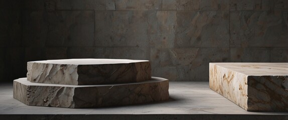 Empty Stone podium for top product display showcase stage with tropical lush jungle leaves background display product. Background for cosmetic product branding, identity and packaging inspiration