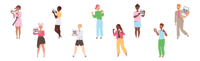 People Characters Showing QR Code on Their Gadget Vector Illustration Set