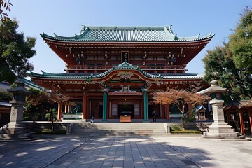 Traditional Japanese Temple Architecture With Red And Green Colors