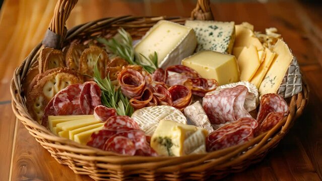 A basket overflowing with an assortment of cheeses and cured meats all locally sourced and bursting with flavor.