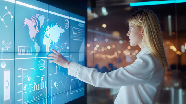 Businesswoman presenting statistical report using interactive touchscreen display during team meeting.