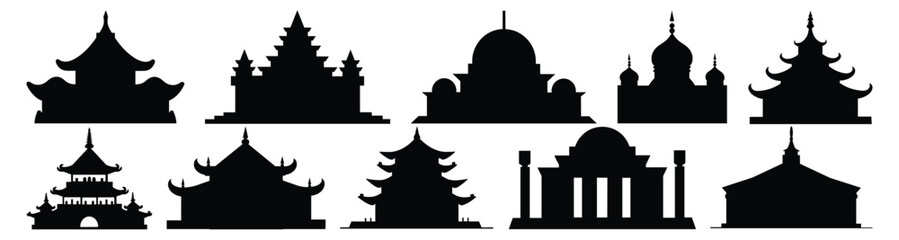 Temple silhouettes set, pack of vector silhouette design, isolated background