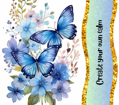 Vibrant Blue Butterfly on Floral Background with Inspirational Quote "Peace begins with a smile