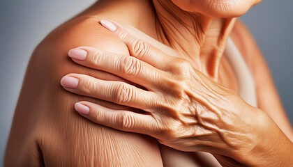 Naklejka premium Extreme close-up of an elderly lady showing her loose skin or flab due to aging on her lower arm as she pinches it between her fingers. Generative Ai. 
