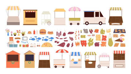 Market stalls. Fresh food fish meat products flowers vegetables and fruits. Christmas fair elements, gift boxes burger hot dog, flat farm stands vector big set © MicroOne