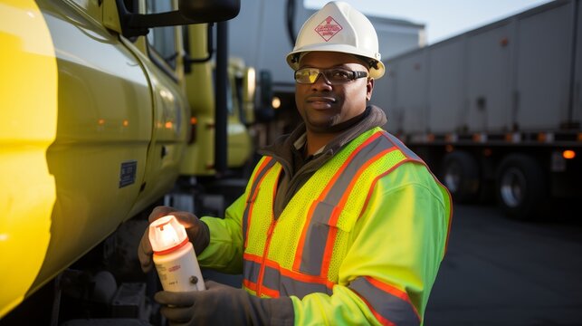 Maintenance worker refilling truck s fuel tank as part of regular maintenance procedures