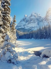 The summit of snowcapped mountain and the beautiful reflection in the lake surrounded by snow-covered trees under the blue sky