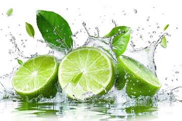 Cutted lime with leaves in water splashes isolated on white background.