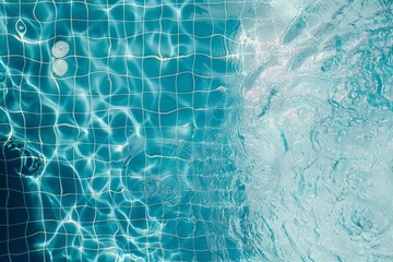 Top view of clear water surface, water is rippling on swimming pool with blue grid mosaic tiles