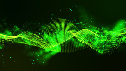 Digital bright green technology dot wave and dust particle flying on abstract background, digital technology and innovation concept