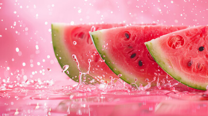 Fresh watermelon on pink background with water splashes, fresh juicy summer fruit