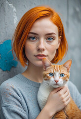 young woman with red hair and freckles holding an orange and white cat, standing in front of a concrete wall