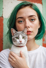 young woman wearing a white shirt with green hair holding a white and gray cat in front of a concrete wall