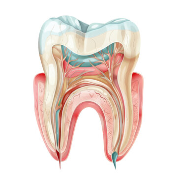Detailed anatomical illustration of a human tooth showing its internal structure including enamel, dentin, pulp, and roots.