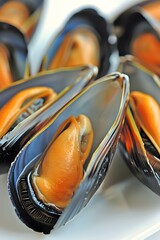 A close-up of a group of opened mussels.