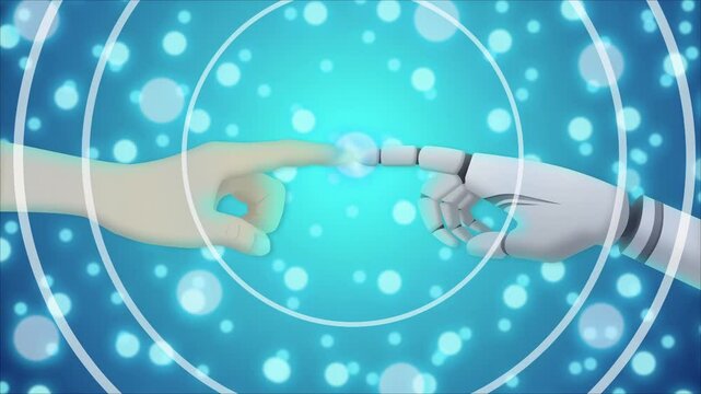 Une personne touche le doigt d'un robot d'intelligence artificiel sur un fond technologique bleu